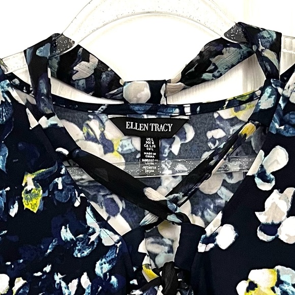 Ellen Tracy Blue Trellis Blossom Ink Tie Neck Top Sleeveless sz Large - Picture 9 of 14